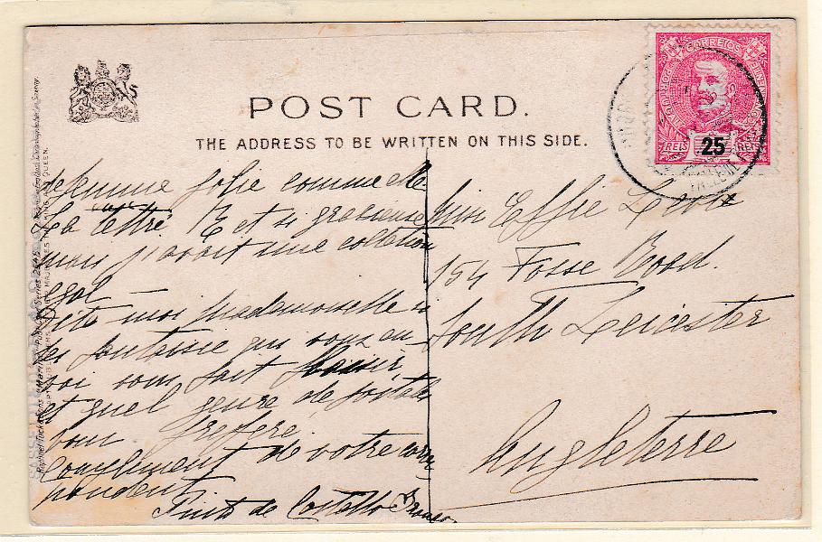 1635.jpg -     Lote:    1635            Portugal       Descrição:         Carimbos circulares datados, tipo 1880. 1898 &mdash; D. Carlos I Mouchon. CE141 25 reis, em postal circulado de Vale de Prazeres (23.08.04) para Londres. Carimbo a preto VALLE DE PRAZERES..        PI       Valor Base:     &euro; 8,00     Valor Venda:     Retirado     