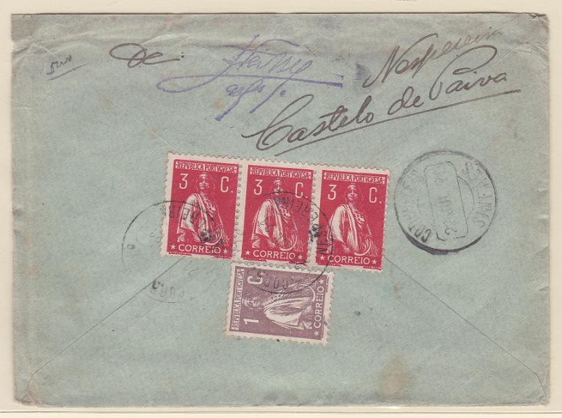 1636.jpg -     Lote:    1636            Portugal       Descrição:         Carimbos circulares datados, tipo 1880. 1917/20 &mdash; Ceres. Sobrescrito circulado de Nespereira (21.07.21) para Sinfães (22.07.21) com selo de 1C CE221 e tira de 3 selos de 3C CE224, denteado 12x11 &frac12;. Carimbo a preto de NESPEREIRA.        Carta       Valor Base:     &euro; 20,00     Valor Venda:     Retirado     