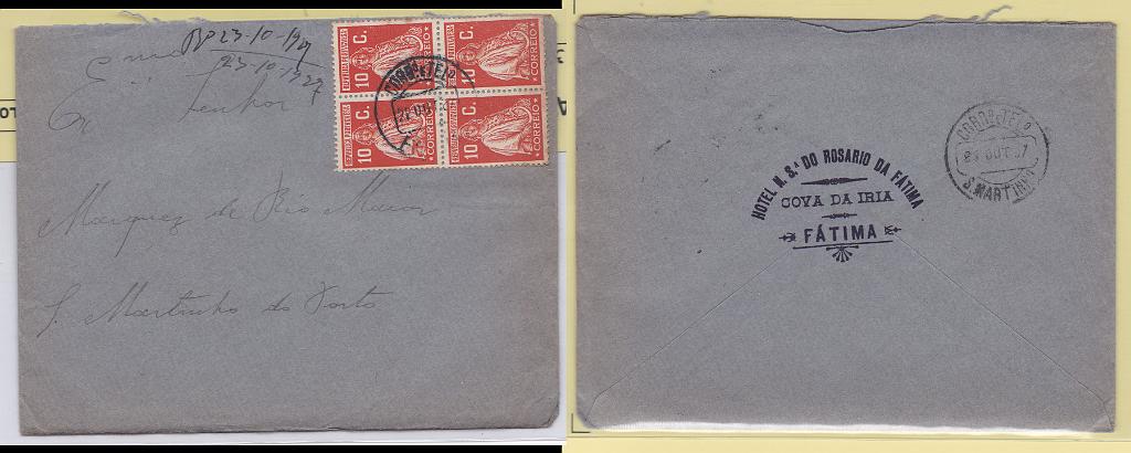 1639.jpg -     Lote:    1639            Portugal       Descrição:         Carimbos circulares datados tipo 1880. 1926 &mdash; Ceres. Emissão Londres. Sobrescrito circulado de Fátima (22.10.27) para S. Martinho com quadra de 10C CE401. Carimbo a preto do HOTEL N. S.ª DO ROSÁRIO DA FÁTIMA". Carimbo de S: MARTINHO com erro de data, por o datador não contemplar o número "2" na dezena do ano (23.10.07).        Carta       Valor Base:     &euro; 12,00     Valor Venda:     &euro; 24,00       