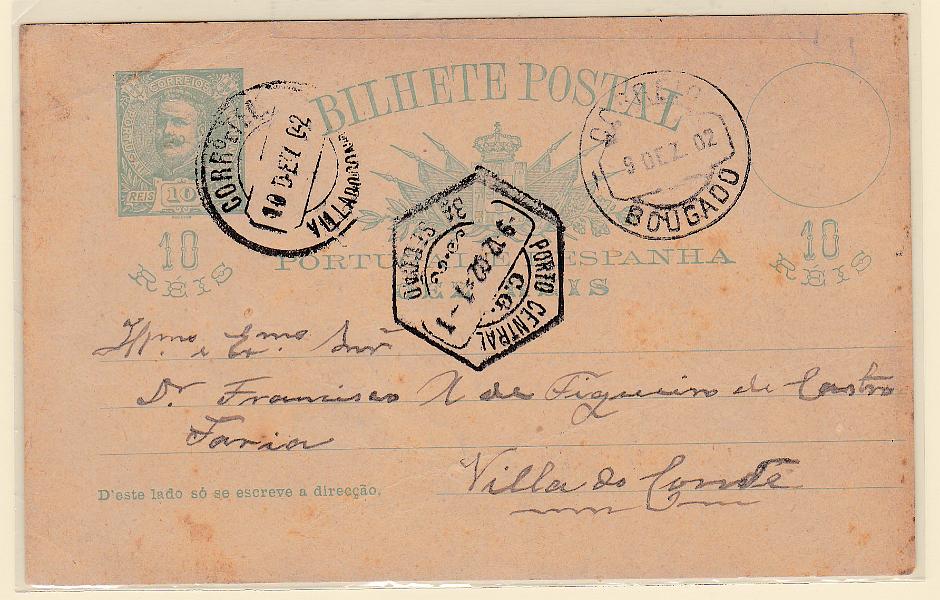 1641.jpg -     Lote:    1641            Portugal       Descrição:         Carimbos circulares datados, tipo 1880. 1896 &mdash; D. Carlos I. OM23, 10 reis circulado de Bougado (09.12.02) para Vila do Conde. Carimbo a preto "CORREIO / BOUGADO".        IC       Valor Base:     &euro; 10,00     Valor Venda:     &euro; 10,00       
