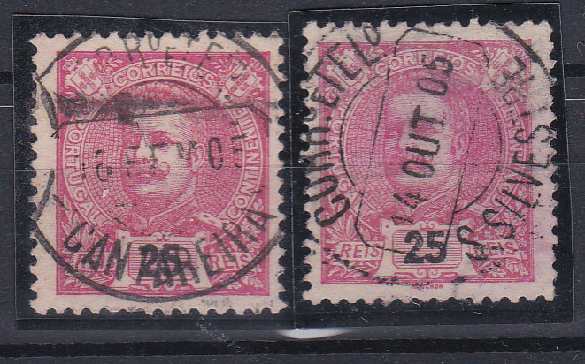 1643.jpg -     Lote:    1643            Portugal       Descrição:         Carimbos circulares datados, tipo 1880. 1898 &mdash; D. Carlos I Mouchon. OM141, 25 reis. Dois selos obliterados com carimbo a preto "CANTAREIRA" e "S. SILVESTRE".        O       Valor Base:     &euro; 15,00     Valor Venda:     &euro; 22,00       