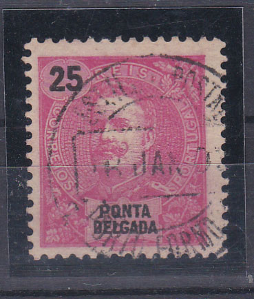 1645.jpg -     Lote:    1645            Portugal       Descrição:         Carimbos circulares datados, tipo 1880. 1898 &mdash; D. Carlos I Mouchon. CE28, 25 reis carmim obliterado com carimbo a preto "PORTO FORMOSO".        O       Valor Base:     &euro; 10,00     Valor Venda:     &euro; 34,00       