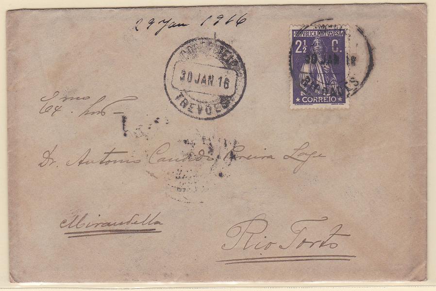 1657.jpg -     Lote:    1657            Portugal       Descrição:         Carimbos circulares datados, tipo 1880. 1912 &mdash; Ceres. CE211, 2 &frac12; reis em carta circulada de Riodades (30.01.16) para Rio Torto, com trânsito por Trevões. Carimbos batido a preto de "RIODADES" e "TREVÕES".        Carta       Valor Base:     &euro; 10,00     Valor Venda:     Retirado     