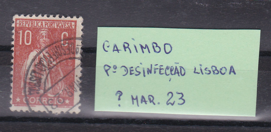 1660.jpg -     Lote:    1660            Portugal       Descrição:         Carimbos circulares datados, tipo 1880. 1912 &mdash; Ceres. Selo de 10c com carimbo a preto "P.º DESINFECÇÃO LISBOA".        O       Valor Base:     &euro; 8,00     Valor Venda:     &euro; 26,00       