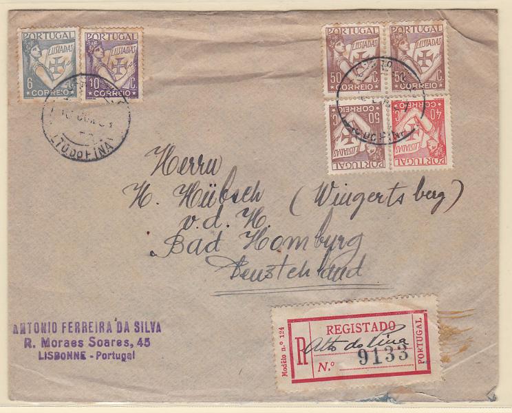 1664.jpg -     Lote:    1664            Portugal       Descrição:         Carimbos circulares datados, tipo 1880. 1931 &mdash; Lusíadas. Sobrescrito circulado registado do Alto do Pina (12.06.31) para a Alemanha, com selos de 6, 10, 40 e 3x50c CE515, 520 e 522. Carimbo a preto "ALTO DO PINA".        Carta       Valor Base:     &euro; 20,00     Valor Venda:     Retirado     
