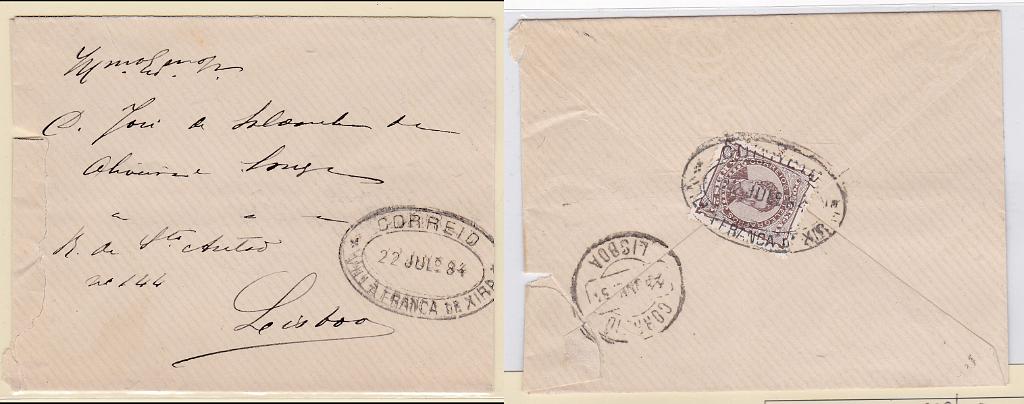 1667.jpg -     Lote:    1667            Portugal       Descrição:         Carimbos de dupla oval. 1882/83 &mdash; D. Luís I, de frente. CE57, 25 reis, papel liso, denteado 12 &frac12; em sobrescrito circulado de Vila Franca de Xira (22.07.84) para Lisboa. Obliterado com carimbo a preto "CORREIO / VILA FRANCA DE XIRA".        Carta       Valor Base:     &euro; 15,00     Valor Venda:     &euro; 22,00       