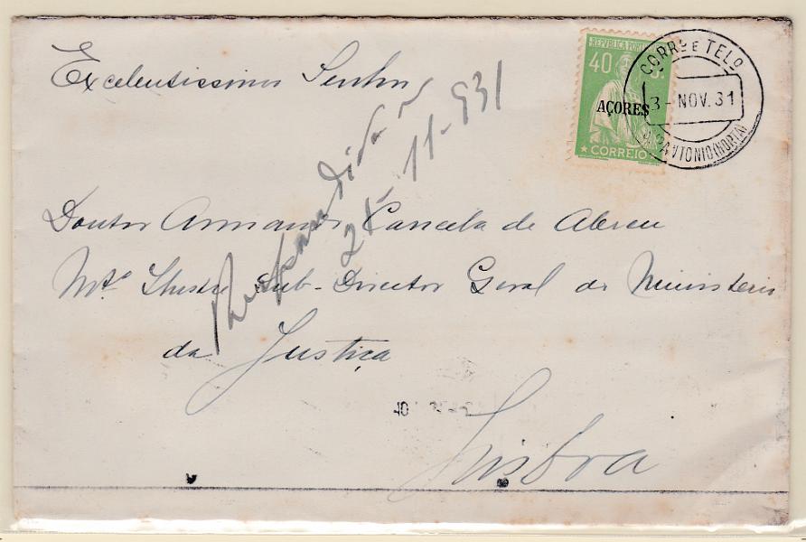 1679.jpg -     Lote:    1679            Açores       Descrição:         Carimbos circulares datados, tipo 1880. 1930 &mdash; Ceres. Gravura retocada. Selos do Continente com sobrecarga AÇORES. CE302, 40C em sobrescrito circulado de S. António (03.11.31) para Lisboa. Carimbo a preto "S. ANTÓNIO (HORTA).        Carta       Valor Base:     &euro; 10,00     Valor Venda:     &euro; 50,00       