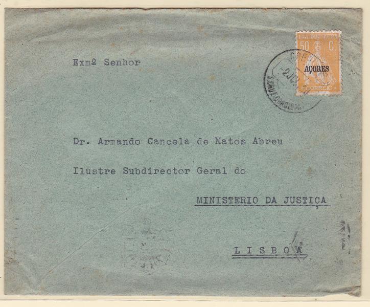 1681.jpg -     Lote:    1681            Açores       Descrição:         Carimbos circulares datados, tipo 1880. 192&frac12;4 &mdash; Ceres. Selos do Continente com sobrecarga AÇORES. CE184, 50C em sobrescrito circulado de S. Cruz (02.07.28) para Lisboa. Carimbo a preto "S CRUZ (GRACIOSA).        Carta       Valor Base:     &euro; 12,00     Valor Venda:     Retirado     
