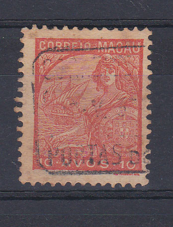 1690.jpg -     Lote:    1690            Macau       Descrição:         Carimbos retangulares. 1934 &mdash; Padrões. CE277, 10 avos, obliterado com carimbo a preto de "POSTAS DO SOL".        O       Valor Base:     &euro; 12,00     Valor Venda:     Retirado     