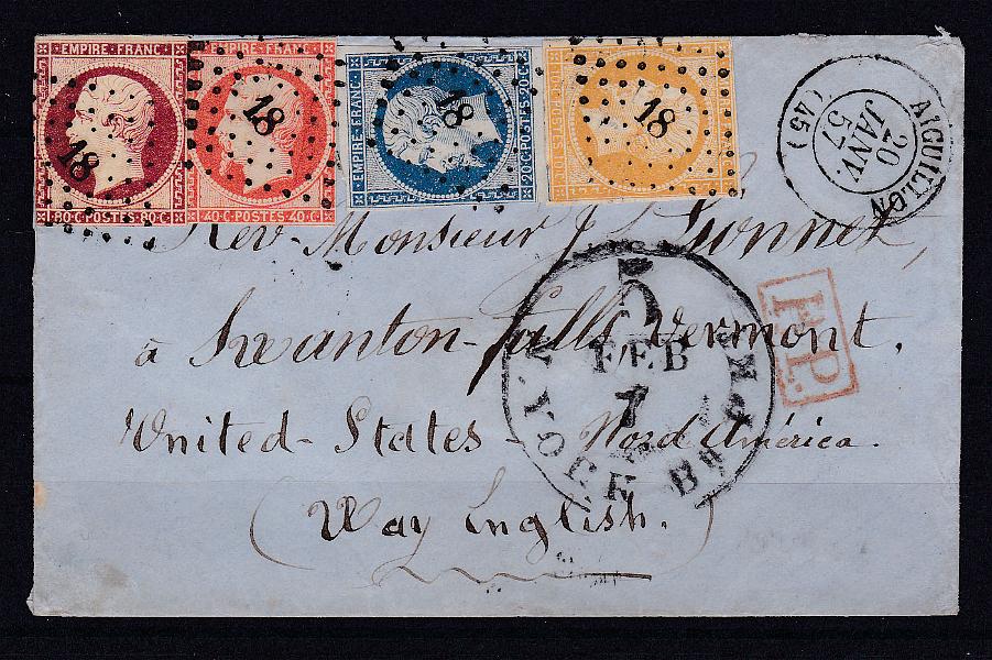 1755.jpg -     Lote:    1755                   Descrição:      França &mdash;   1853/60 &mdash; Napoleão III. Carta circulada de Aiguillon (20.01.57) para os EUA (05.02.57), com selos de 10, 20, 40 e 80c, Yv 13, 14, 16 e 17. Bonita carta quadricolor.        Carta       Valor Base:     &euro; 75,00     Valor Venda:     &euro; 75,00       
