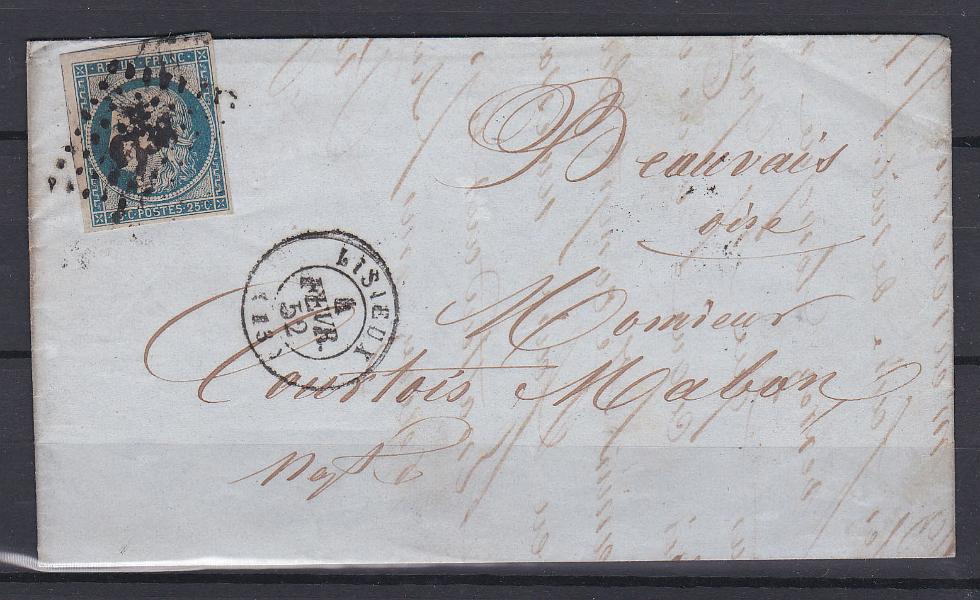 1756.jpg -     Lote:    1756                   Descrição:      França &mdash;   1849/50 &mdash; Ceres. Yv4, 25C em carta circulada de Lisieux (04.02.52) para Beauvais.        Carta       Valor Base:     &euro; 20,00     Valor Venda:     Retirado     