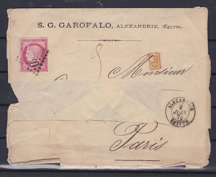1757.jpg -     Lote:    1757                   Descrição:      França &mdash;   1872 &mdash; Ceres (denteado). Yv57, 80C em carta remetida de Alexandria (09.06.74) para Paris (16.06.74). Carta com recorte do destinatário.        Carta       Valor Base:     &euro; 25,00     Valor Venda:     Retirado     