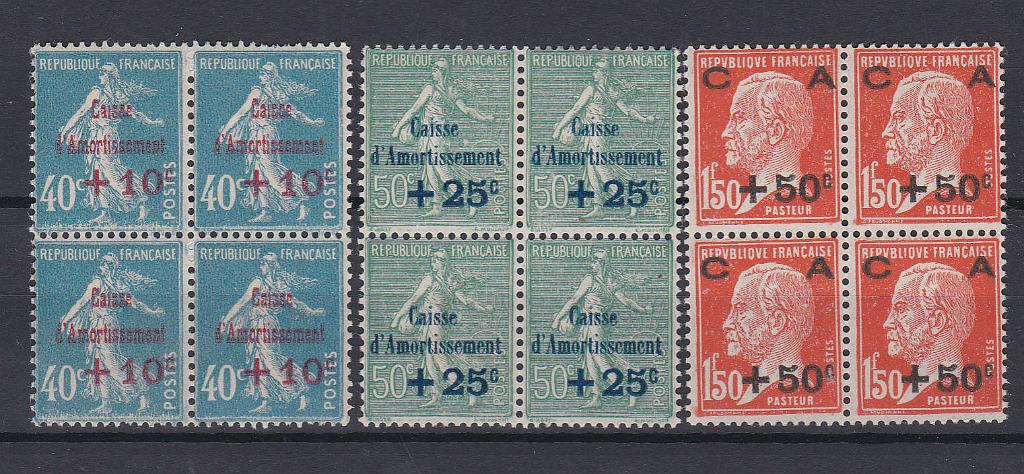 1765.jpg -     Lote:    1765                   Descrição:      França *   1927 &mdash; Au Profit de la Caisse d'Amortissement. Yv246/48. Série completa em quadras. Valor de catálogo &euro; 280,00.        ***       Valor Base:     &euro; 40,00     Valor Venda:     &euro; 44,00       