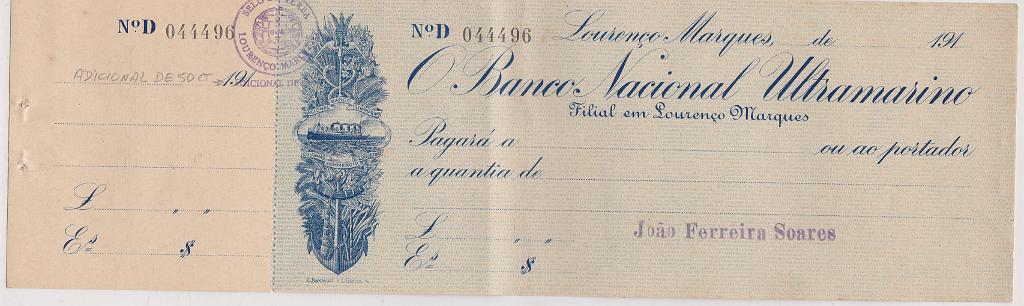 1816.jpg -     Lote:    1816                   Descrição:         Banco Nacional Ultramarino &mdash; Lourenço Marques 191... Novo com canhoto, com carimbo "Selo de Verba / Adicional de 50 Ct".        CHQ       Valor Base:     &euro; 12,00     Valor Venda:     &euro; 32,00       