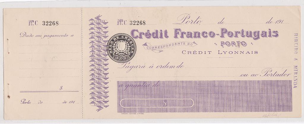 1818.jpg -     Lote:    1818                   Descrição:         Crédit Franco &mdash; Portugais. Novocom canhoto, Porto 191.... Imposto de Selo $02.        CHQ       Valor Base:     &euro; 10,00     Valor Venda:     &euro; 11,00       