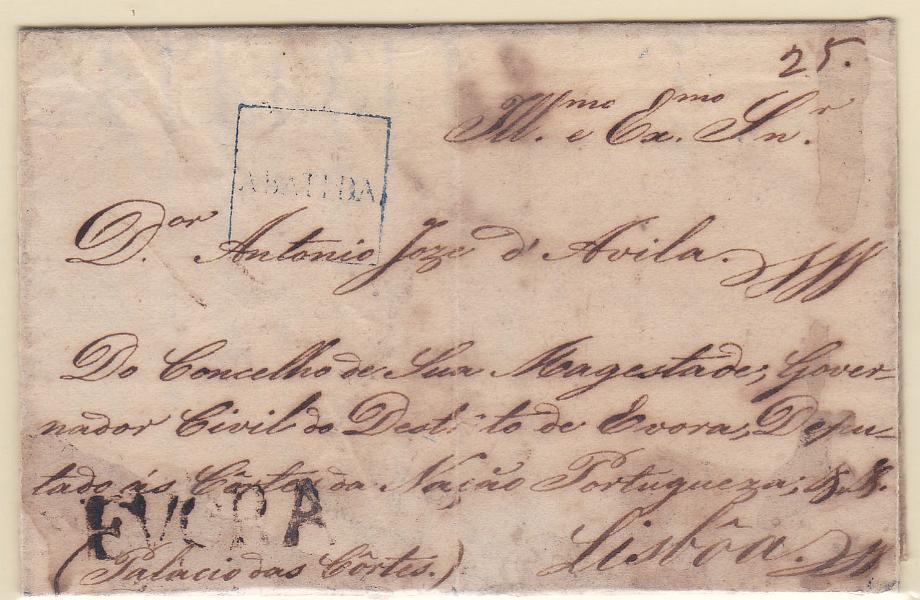 1879.jpg -     Lote:    1879      Lotes pelo Correio      Portugal       Descrição:         Lisboa / Abatida + Évora &mdash; A azul GM LSB DIV9 + a sépia GM EVR3 em carta datada de 30.05.36) para Lisboa, com o porte manuscrito de 25 reis. A carta no interior é uma fotocópia do original.        Carta       Valor Base:     &euro; 12,00     Valor Venda:     Retirado     