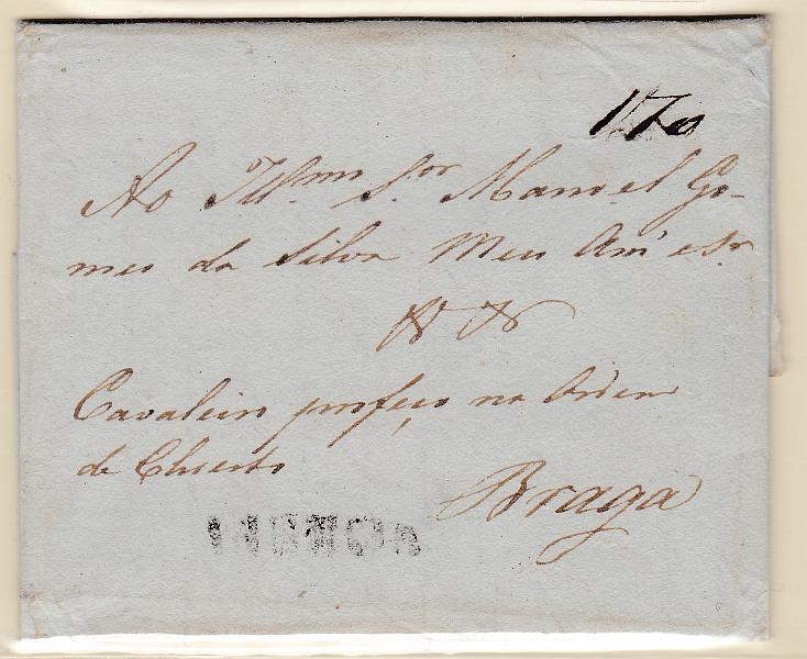 1885.jpg -     Lote:    1885      Lotes pelo Correio      Portugal       Descrição:         Lisboa &mdash; A preto, GM LSB2 em carta datada de Lisboa (23.07.805) para Braga, com o porte de 170 reis manuscrito a sépia.        Carta       Valor Base:     &euro; 8,00     Valor Venda:     Retirado     