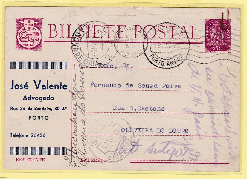 1932.jpg -     Lote:    1932      Lotes pelo Correio      Portugal       Descrição:         1949/50 &mdash; Selo tipo Caravela. OM116, $50. Circulado do Porto (05.11.53) para Oliveira do Douro. Repicado por: JOSÉ VALENTE / ADVOGADO".        IC       Valor Base:     &euro; 6,00     Valor Venda:     &euro; 6,00       