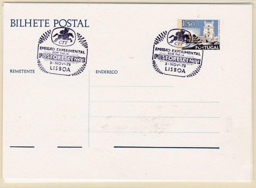 1941.jpg -     Lote:    1941      Lotes pelo Correio      Portugal       Descrição:         1975 &mdash; Selo tipo Paisagens e Monumentos. OM163, 1$50. Novo com tarja fosforescente e carimbo comemorativo da emissão experimental. Lote com 3 inteiros iguais.        IN       Valor Base:     &euro; 5,00     Valor Venda:     Retirado     