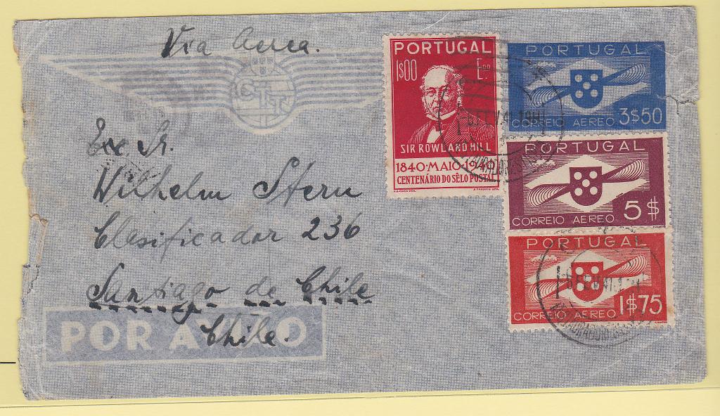 1950.jpg -     Lote:    1950      Lotes pelo Correio      Portugal       Descrição:         1939 &mdash; Tipo Hélice. Sobrescritos de Correio Aéreo. OM2, 3$50 azul. Sobrescrito circulado de Lisboa (06.02.41) para o Chile (21.02.41) com selos adicionais de 1$00 CE605 e 1$75 e 5$00 CE CA2 e 6.        IC       Valor Base:     &euro; 20,00     Valor Venda:     &euro; 20,00       