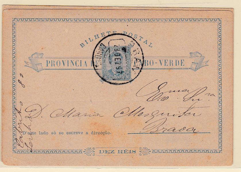 1957.jpg -     Lote:    1957      Lotes pelo Correio      Cabo Verde       Descrição:         1885 &mdash; D. Luís I. OM1, 10 reis. Dois inteiros: um novo e outro circulado internamente da Praia (28.12.97) para a Ilha Brava.        IC       Valor Base:     &euro; 4,00     Valor Venda:     Retirado     