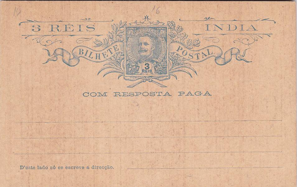 1958.jpg -     Lote:    1958      Lotes pelo Correio      Índia       Descrição:         1903/05 &mdash; D. Carlos I Mouchon. Lote de 5 inteiros postais de resposta paga: OM15, 3+3 reis, OM16, 5+5 reis, OM17, 10+10 reis. OM18 1+1 Tanga e OM20, 10+10 reis. MB.        IN       Valor Base:     &euro; 12,00     Valor Venda:     Retirado     