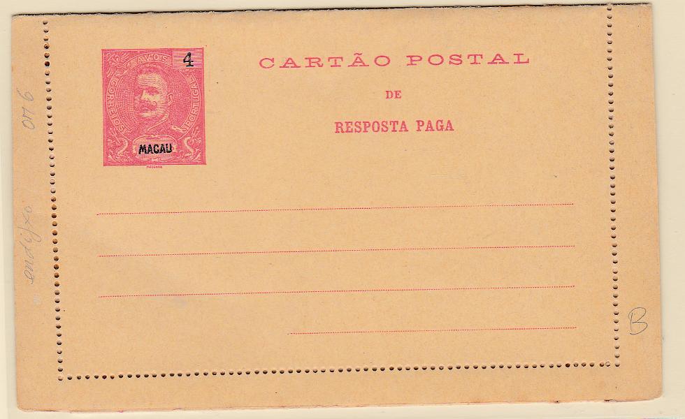 1961.jpg -     Lote:    1961      Lotes pelo Correio      Macau       Descrição:         1903/05 &mdash; D. Carlos I Mouchon. Cartões Postais. OM6, 4+4 avos. Novo.        IN       Valor Base:     &euro; 5,00     Valor Venda:     &euro; 6,00       