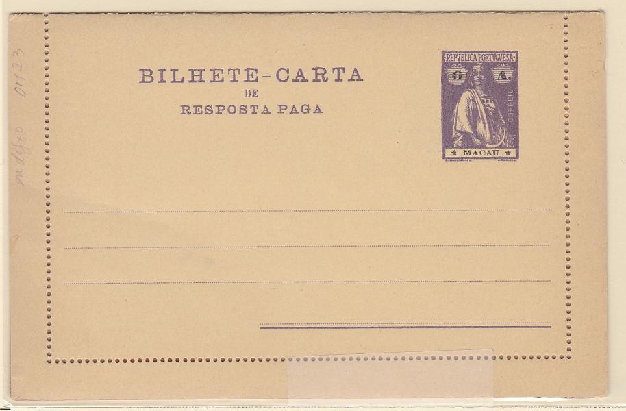 1962.jpg -     Lote:    1962      Lotes pelo Correio      Macau       Descrição:         1914 &mdash; Ceres. Bilhetes- Cartas. OM23, 6+6 avos, estrelas I/I. Novo.        IN       Valor Base:     &euro; 5,00     Valor Venda:     &euro; 5,00       