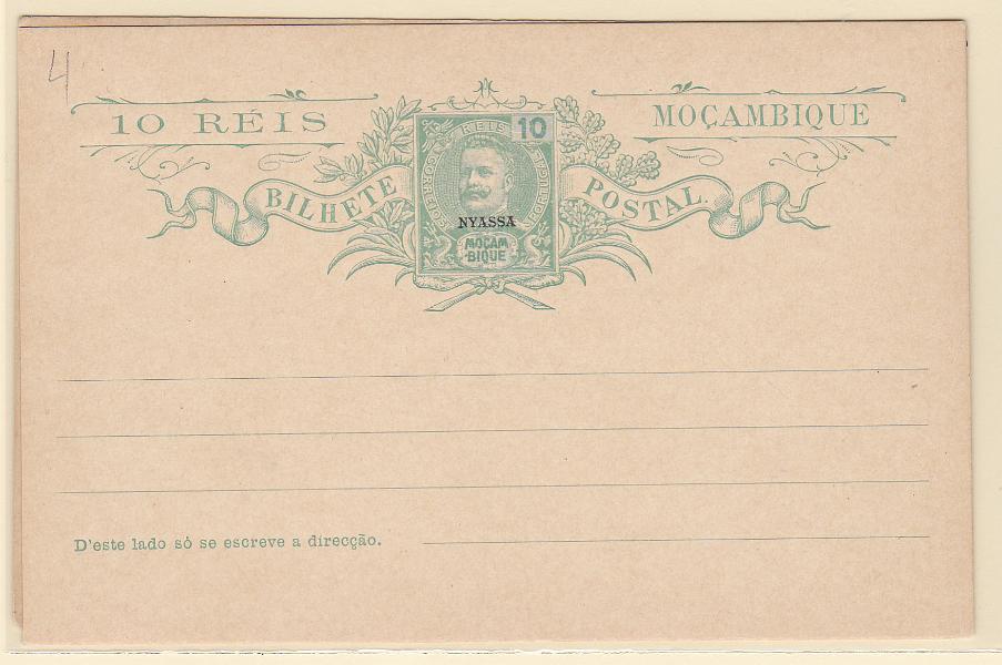 1974.jpg -     Lote:    1974      Lotes pelo Correio      Companhia do Niassa       Descrição:         1904 &mdash; D. Carlos I Mouchon. Inteiros de Moçambique com sobrecarga NYASSA. OM4 + OM6. Novos.        IN       Valor Base:     &euro; 5,00     Valor Venda:     Retirado     