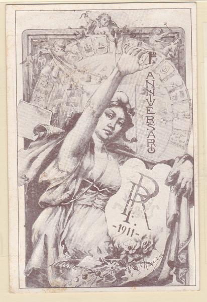 2018.jpg -     Lote:    2018      Lotes pelo Correio             Descrição:         República. "1.º Aniversário / RP / 1911". Assinado "G. Renda". Novo.        PI       Valor Base:     &euro; 5,00     Valor Venda:     &euro; 8,00       