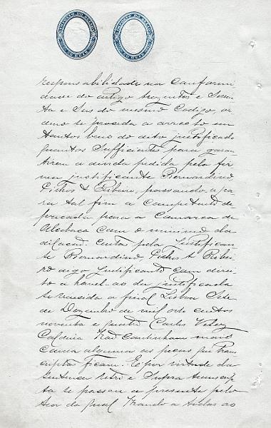 2052.jpg -     Lote:    2052      Lotes pelo Correio      Fiscais       Descrição:         Fiscais. Portugal. Folha de documento em papel selado com STO oval, azul 50 reis, com adicional, também STO oval azul, de 30 reis. Datas de 1891 no papel e oval original e 1894 na oval adicional. Documento incompleto mas muito raro adicional.        DOC       Valor Base:     &euro; 12,00     Valor Venda:     &euro; 12,00       