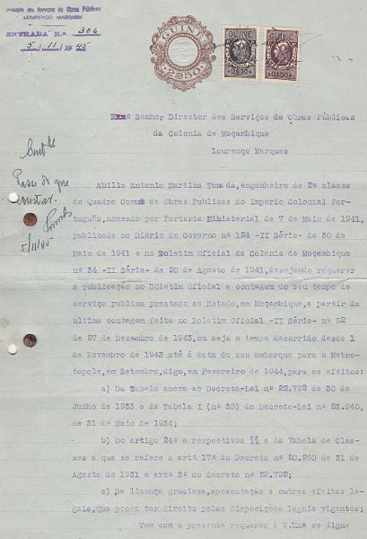 2057.jpg -     Lote:    2057      Lotes pelo Correio      Fiscais       Descrição:         Fiscais. Guiné. Requerimento de 06.09.45 em papel selado com STO circular, castanho de 2$50, dirigido às Obras Públicas de Moçambique, com Assistência 50c (par) PB5 + Certidão de Moçambique com 5$00 / 19$00 (2) PB188 e Assistência PB45.        DOC       Valor Base:     &euro; 8,00     Valor Venda:     Retirado     