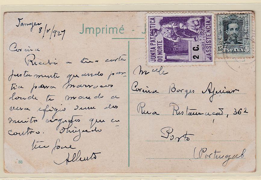 2066.jpg -     Lote:    2066      Lotes pelo Correio      Vinhetas       Descrição:         Vinhetas. JUNTA PATRIÓTICA DO NORTE. Postal ilustrado circulado de Tanger (08.05.27) para o Porto, com vinheta de 2C violeta.        PI       Valor Base:     &euro; 6,00     Valor Venda:     Retirado     