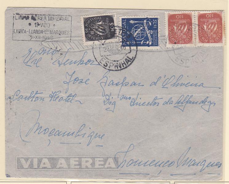 2068.jpg -     Lote:    2068      Lotes pelo Correio      Correio Aéreo       Descrição:         1946 (31.12) &mdash; Linha Aérea Imperial * Lisboa &mdash; Lourenço Marques. Sobrescrito circulado de Espinhal (27.12.46) para Lourenço Marques (02.01.47), com selos CE617, 618e 663.        Aéreo       Valor Base:     &euro; 10,00     Valor Venda:     Retirado     
