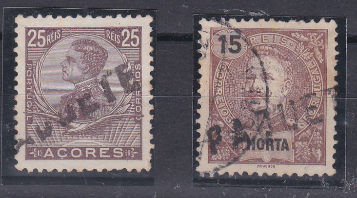 2073.jpg -     Lote:    2073      Lotes pelo Correio      Correio Marítimo       Descrição:         Correio marítimo. Marcas de paquete. 1897/1910 &mdash; D. Carlos I Mouchon * Angra + D. Manuel II * Açores. Selos de 15 reis castanho e 25 reis castanho, respectivamente, obliterados com marca batida a preto "PAQUETE".        O       Valor Base:     &euro; 10,00     Valor Venda:     Retirado     