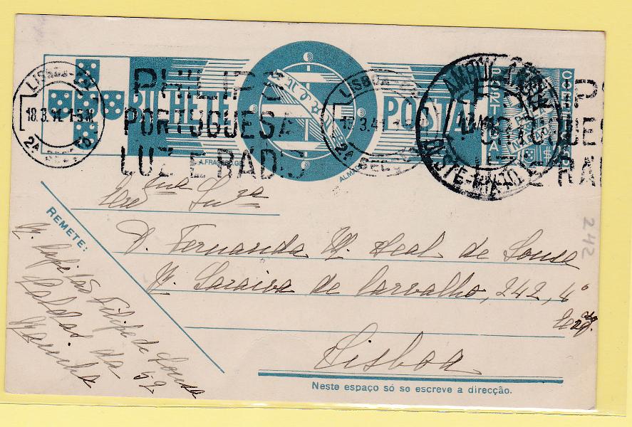 2079.jpg -     Lote:    2079      Lotes pelo Correio      Correio Ferroviário       Descrição:         Correio ferroviário. 1936/39 &mdash; Tudo pela Nação. OM83, $25 azul Circulado para Lisboa (18.03.41). Carimbo a preto da AMBULÂNCIA / OESTE &mdash; MIXTO I".        IC       Valor Base:     &euro; 8,00     Valor Venda:     Retirado     