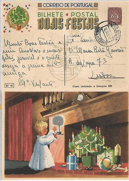 2080.jpg -     Lote:    2080      Lotes pelo Correio      Correio Ferroviário       Descrição:         Correio ferroviário. 1943 &mdash; Boas Festas. Selo tipo Caravela. OM102 (n.º 61), $30 castanho, ilustrado no verso com desenhos policromos de António Cristino da Silva "Prendas de Natal na chaminé". Circulado de Tomar (31.DEZ.45) para Lisboa. Carimbo de "AMBULANCIA / RAMAL DE TOMAR".        IC       Valor Base:     &euro; 10,00     Valor Venda:     Retirado     