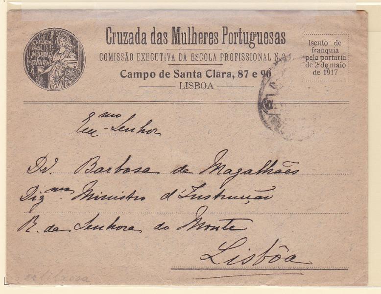 2083.jpg -     Lote:    2083      Lotes pelo Correio             Descrição:         Isentos de franquia. CRUZADA DAS MULHERES PORTUGUESAS. Sobrescrito circulado em Lisboa, isento de franquia. Isenção impressa "ISENTO DE / FRANQUIA 7 PELA PORTARIA / DE 2 DE MAIO / DE 1917".        Carta       Valor Base:     &euro; 18,00     Valor Venda:     Retirado     