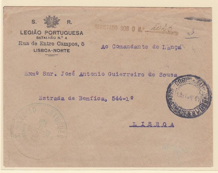 2085.jpg -     Lote:    2085      Lotes pelo Correio             Descrição:         Isentos de franquia. Legião Portuguesa. Sobrescrito circulado isento de franquia em Lisboa (14.06.41).        Carta       Valor Base:     &euro; 8,00     Valor Venda:     &euro; 14,00       