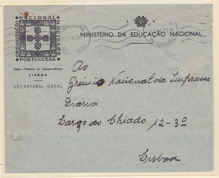 2086.jpg -     Lote:    2086      Lotes pelo Correio             Descrição:         Isentos de franquia. Organização Nacional Mocidade Portuguesa. Sobrescrito circulado isento de franquia em Lisboa (13.11.44).        Carta       Valor Base:     &euro; 6,00     Valor Venda:     &euro; 12,00       