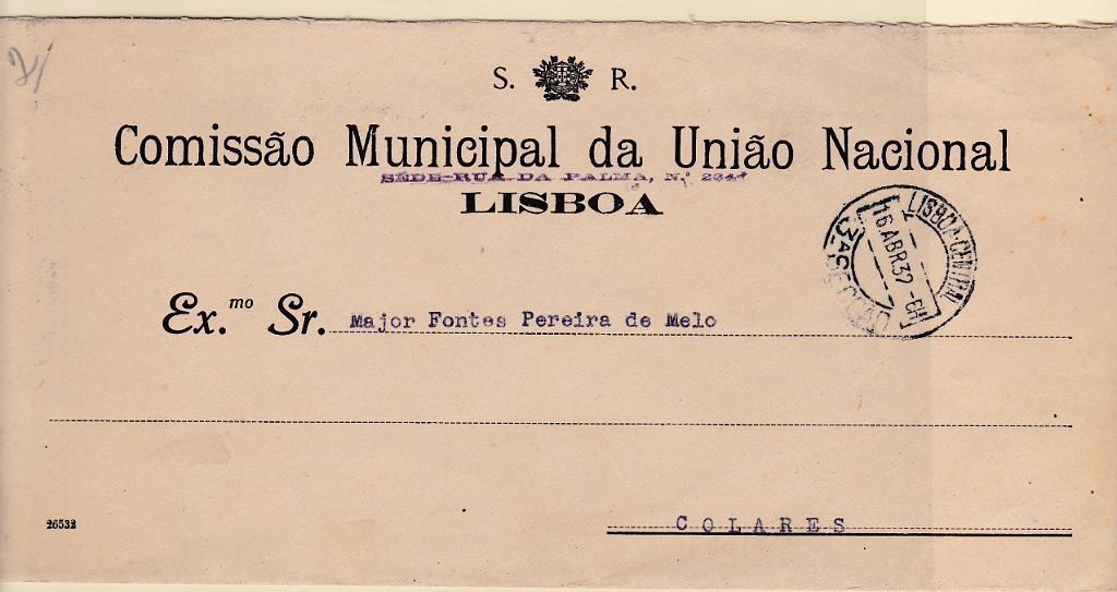 2087.jpg -     Lote:    2087      Lotes pelo Correio             Descrição:         Isentos de franquia. Comissão Municipal da União Nacional. Sobrescrito circulado isento de franquia de Lisboa (16.04.32) para Colares (18.04.32).        Carta       Valor Base:     &euro; 6,00     Valor Venda:     &euro; 12,00       