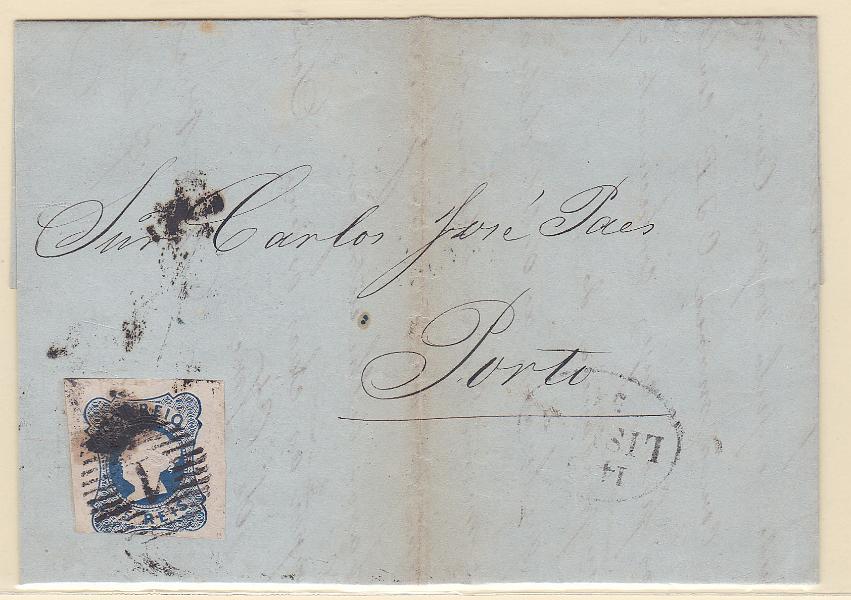 2104.jpg -     Lote:    2104      Lotes pelo Correio      Portugal       Descrição:         1853 &mdash; D. Maria II. CE2, 25 reis azul, cunho II. Selo com três margens de luxo + margem curta em carta circulada de Lisboa (14.09.54) para o Porto.        Carta       Valor Base:     &euro; 15,00     Valor Venda:     &euro; 15,00       