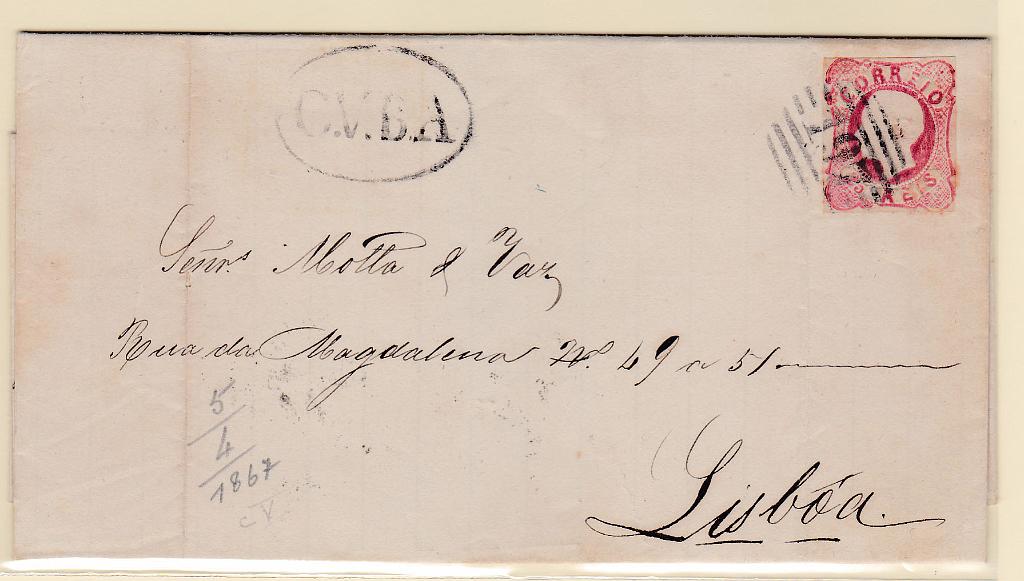 2113.jpg -     Lote:    2113      Lotes pelo Correio      Portugal       Descrição:         1862/64 &mdash; D. Luís I. CE16, 25 reis carmim rosa, em carta datada de Cuba (05.04.67) para Lisboa. Carimbo batido a preto "CUBA".        Carta       Valor Base:     &euro; 8,00     Valor Venda:     &euro; 10,00       