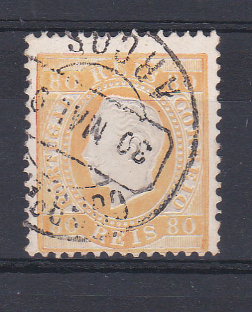 2129.jpg -     Lote:    2129      Lotes pelo Correio      Portugal       Descrição:         1870/76 &mdash; D. Luís I. Fita direita. CE42, 80 reis amarelo, papel porcelana, denteado 12 &frac12;, obliterado com carimbo circular datado tipo 1880 de "ARCOS". MB e MR.        O       Valor Base:     &euro; 12,00     Valor Venda:     Retirado     