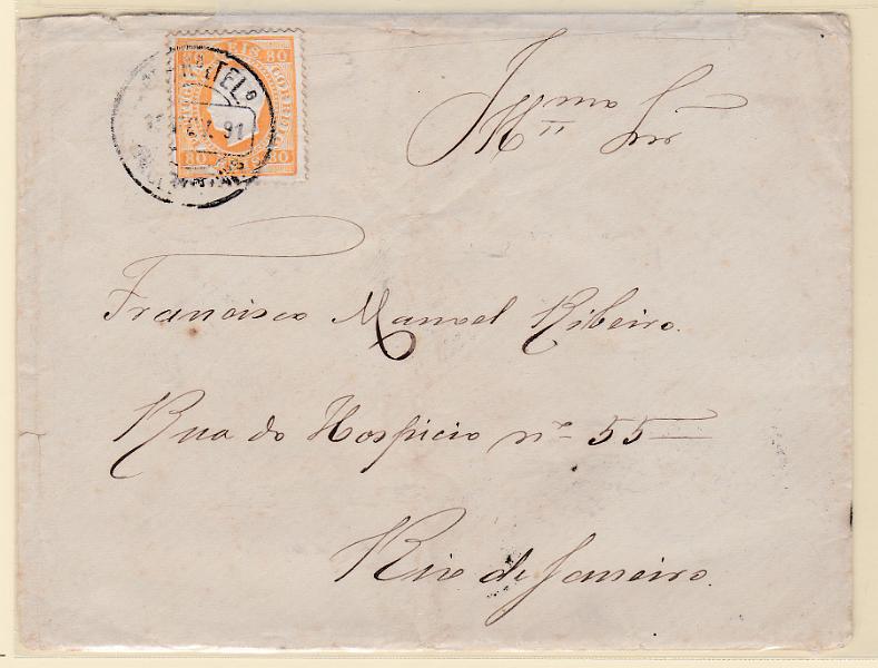 2131.jpg -     Lote:    2131      Lotes pelo Correio      Portugal       Descrição:         1870/76 &mdash; D. Luís I. Fita direita. CE42, 80 reis denteado 12 &frac12;, papel porcelana em sobrescrito circulado para o Rio de Janeiro (12.03.91).        Carta       Valor Base:     &euro; 20.300     Valor Venda:     Retirado     