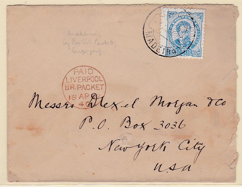 2143.jpg -     Lote:    2143      Lotes pelo Correio      Portugal       Descrição:         1882/83 &mdash; D. Luís I, de frente. CE58, 50 reis denteado 11 &frac12;, papel porcelana em sobrescrito circulado do Funchal (07.04.92) para os EUA (18.04.92).        Carta       Valor Base:     &euro; 15,00     Valor Venda:     Retirado     