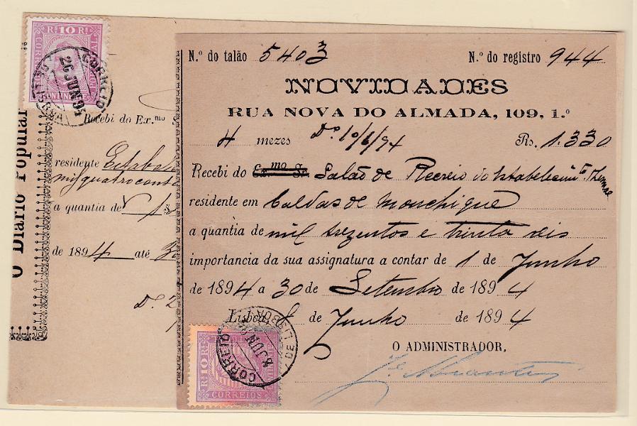 2148.jpg -     Lote:    2148      Lotes pelo Correio      Portugal       Descrição:         1892/93 &mdash; D. Carlos I tipo Diogo Neto. CE69, 10 reis. Lote de dois recibos à cobrança pelo Correio: um com selo denteado 12 &frac12;, papel porcelana datado de Lisboa (26.06.94) e outro com selo em denteado 13 &frac12;, papel porcelana. B e R.        Carta       Valor Base:     &euro; 20,00     Valor Venda:     &euro; 20,00       