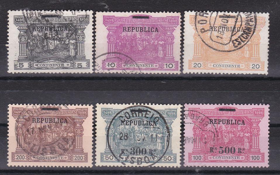 2152.jpg -     Lote:    2152      Lotes pelo Correio      Portugal       Descrição:         1911 &mdash;4º Centenário da Descoberta do Caminho Marítimo para a Índia, com sobrecarga República sobre selos de porteado do Continente. CE 192/197. Série completa. Valor de catálogo &euro; 260.00        O       Valor Base:     &euro; 25,00     Valor Venda:     &euro; 25,00       