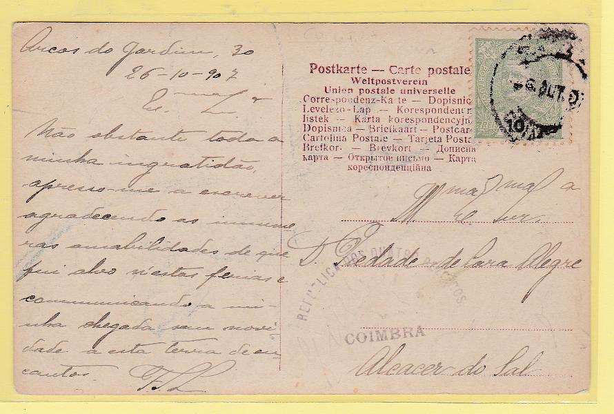 2158.jpg -     Lote:    2158      Lotes pelo Correio      Portugal       Descrição:         1895 &mdash; D. Carlos I Mouchon. CE128, 10 reis em postal ilustrado circulado de Coimbra (03.10.07) para Alcácer do Sal. Carimbo violeta "REPÚBLICA DOS QUATRO BEZCIROS".        PI       Valor Base:     &euro; 10,00     Valor Venda:     Retirado     