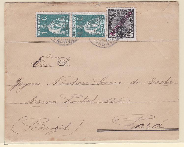 2167.jpg -     Lote:    2167      Lotes pelo Correio      Portugal       Descrição:         1910/12 &mdash; D. Manuel II, com sobrecarga REPUBLICA + Ceres. Sobrescrito circulado do Cadaval (17.04.12) para o Brasil, com selo de 5 reis CE171 e dois selos de 1c CE208 e 2 &frac12; c CE211, obliterados com carimbo batido a preto "CADAVAL".        Carta       Valor Base:     &euro; 12,00     Valor Venda:     &euro; 12,00       